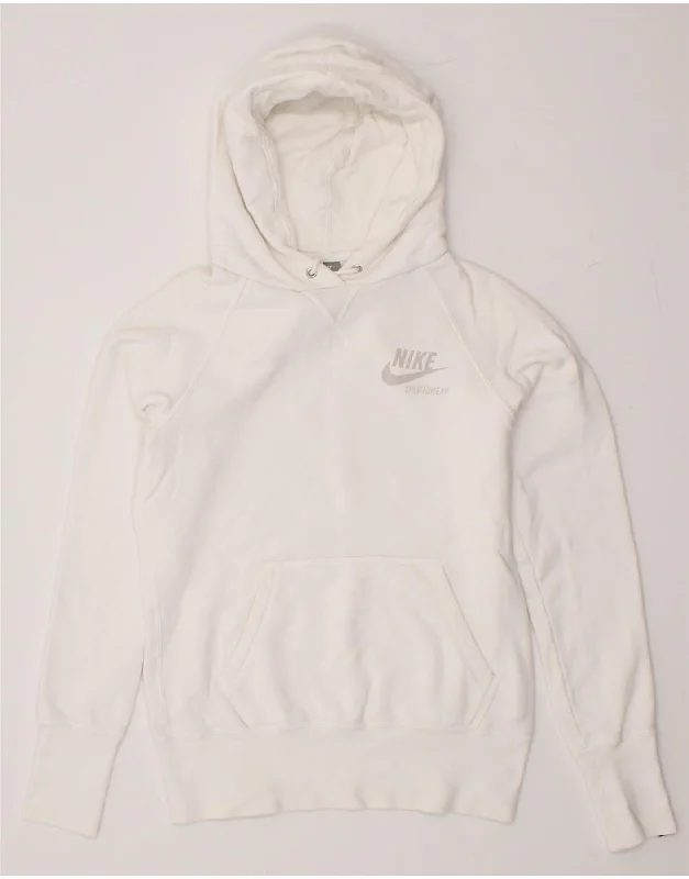 NIKE Womens Hoodie Jumper UK 12/14 Medium White Cotton Hoodie with Fur Luxurious Winter