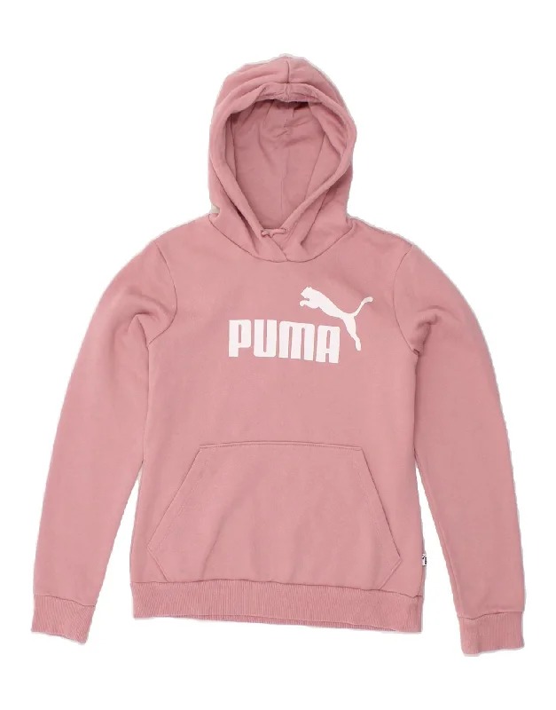 PUMA Womens Graphic Hoodie Jumper UK 10 Small Pink Cotton Hoodie with Button Placket Classic Preppy