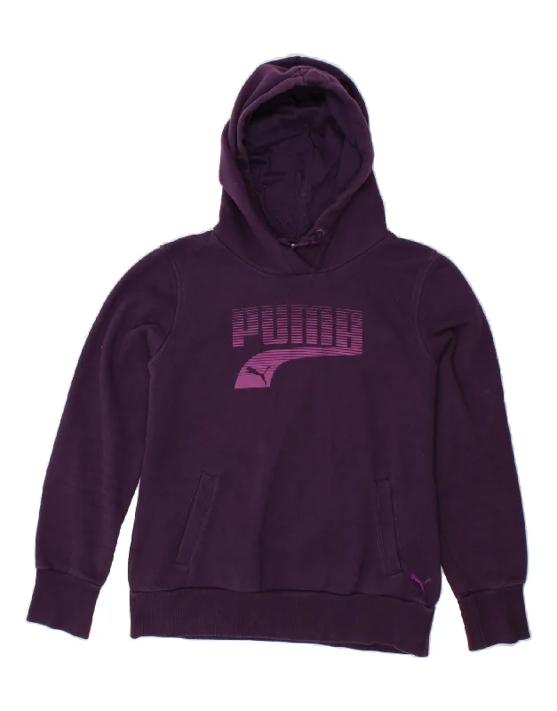 PUMA Womens Graphic Hoodie Jumper UK 12 Medium  Purple Cotton Hoodie with Puffed Sleeves Voluminous Trendy