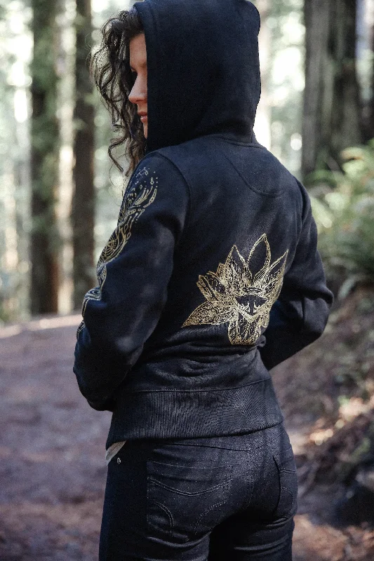 Lotus Zip Up - Organic Cotton/ Recycled Poly Heavyweight Fleece Sacred Geometry Graphic Women's Hoodie Hoodie with Applique Textured Unique Lotus Zip Up - Organic Cotton/ Recycled Poly Heavyweight Fleece Sacred Geometry Graphic Women's Hoodie Hoodie with Applique Textured Unique