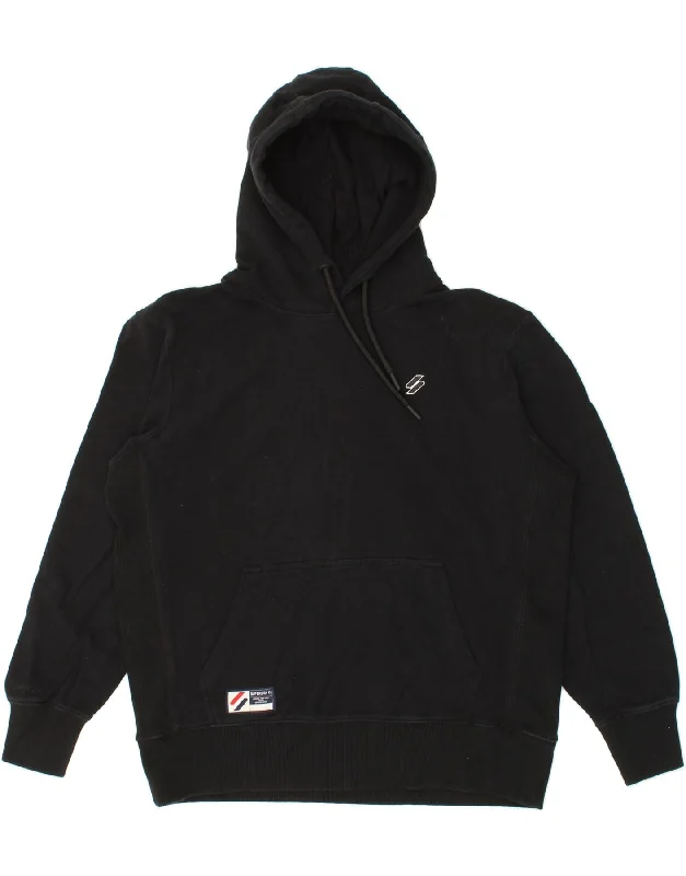 SUPERDRY Mens Hoodie Jumper 2XL Black Cotton Hoodie with Longline Fit Extended Stylish