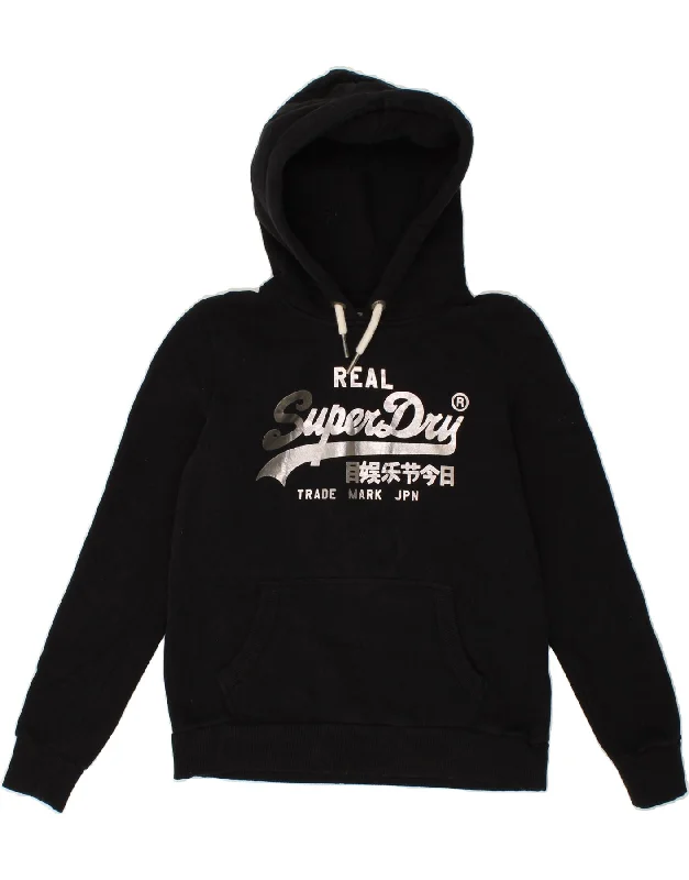 SUPERDRY Womens Graphic Hoodie Jumper UK 12 Medium Black Cotton Hoodie with Illustration Artistic Creative SUPERDRY Womens Graphic Hoodie Jumper UK 12 Medium Black Cotton Hoodie with Illustration Artistic Creative