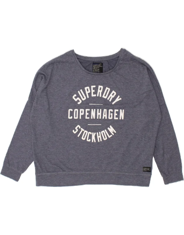 SUPERDRY Womens Graphic Sweatshirt Jumper UK 18 XL Navy Blue Polyester Hoodie with Ribbed Hem Stretchable Secure
