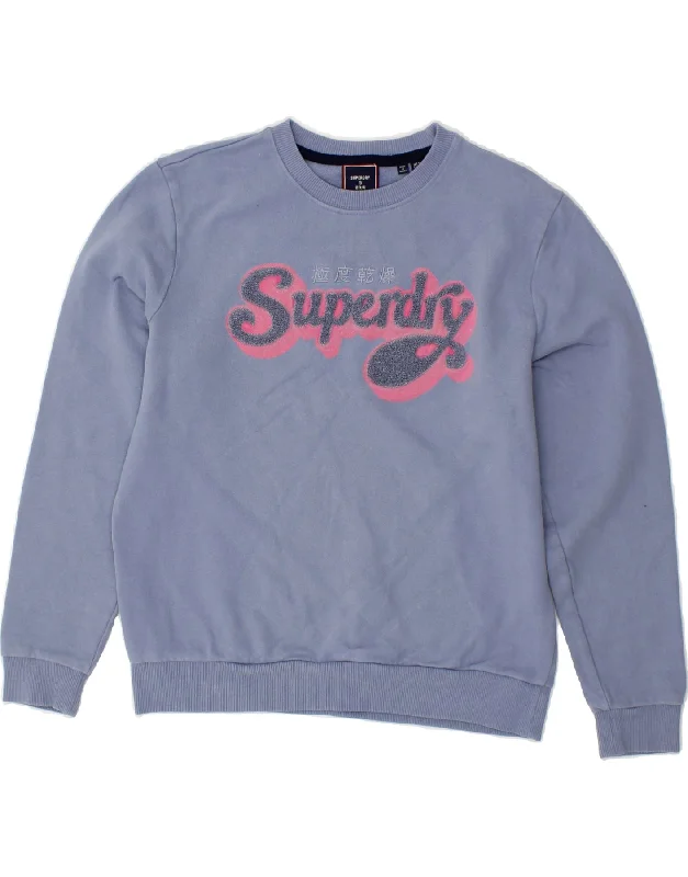 SUPERDRY Womens Oversized Graphic Sweatshirt Jumper UK 10 Small Blue Hoodie with Distressed Vintage Worn