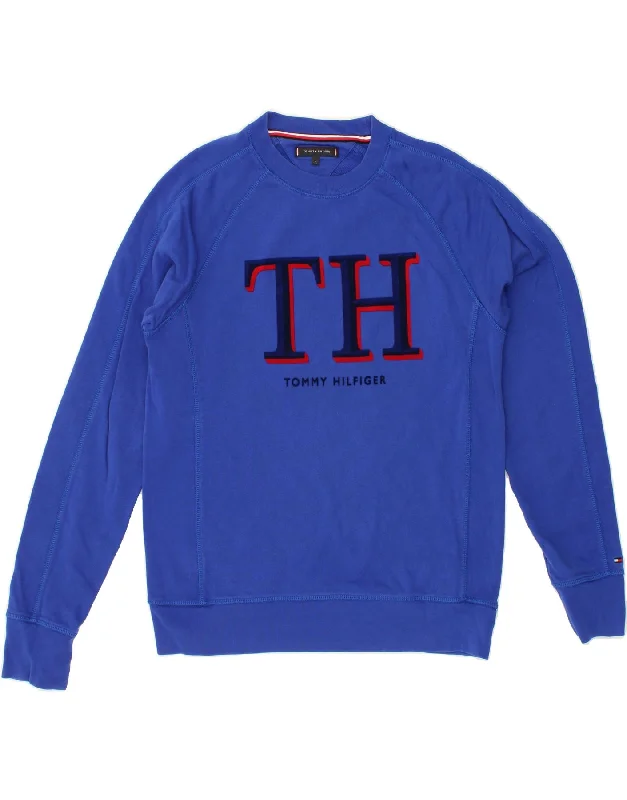 TOMMY HILFIGER Mens Graphic Sweatshirt Jumper Large Blue Cotton Hoodie with Hem Elastic Stretchable Comfortable