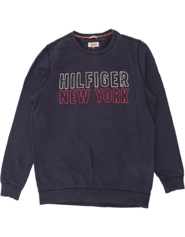 TOMMY HILFIGER Mens Graphic Sweatshirt Jumper XL Navy Blue Cotton Hoodie with High Neck Warm Protective