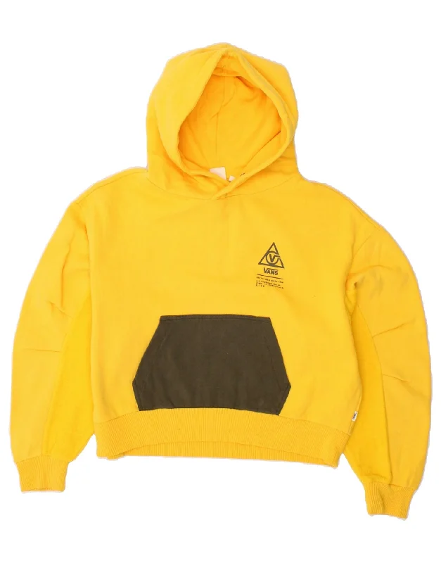 VANS Womens Graphic Hoodie Jumper UK 10 Small Yellow Colourblock Cotton Hoodie with Print Artistic Unique