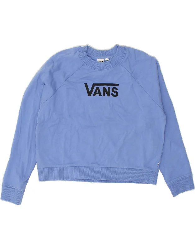 VANS Womens Oversized Crop Graphic Sweatshirt Jumper UK 10 Small Blue Hoodie with Slit Hem Functional Movement