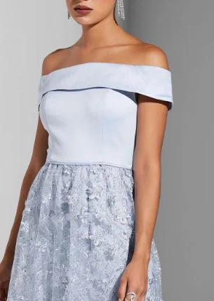 11316  Opal satin off shoulder bodice. A line floral skirt. Size 14 velvet skirt sumptuous