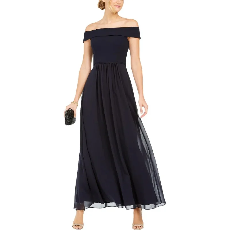 11317  Navy crepe off shoulder bodice. A line chiffon skirt. Size 20. cashmere skirt rich