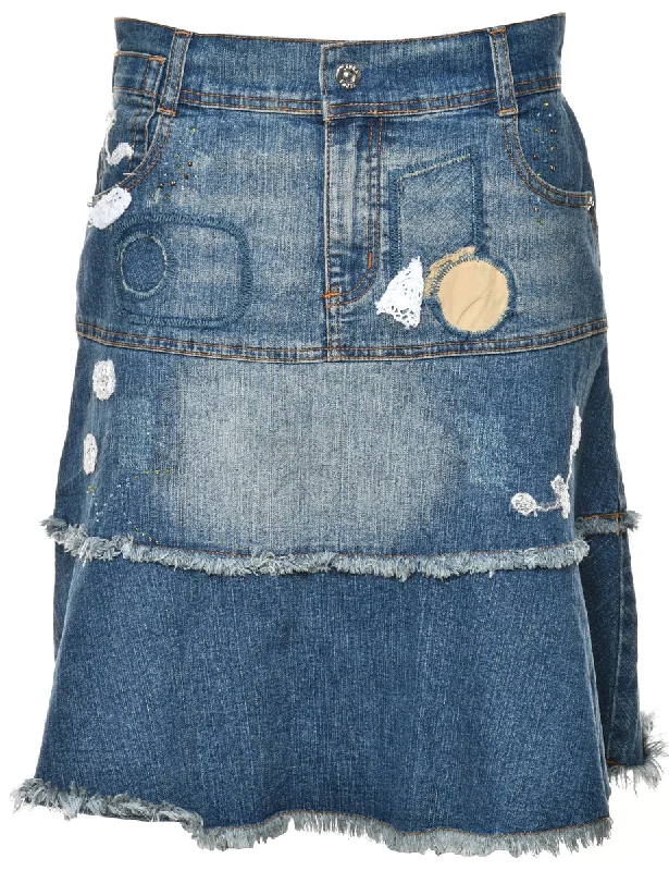 A-Line Frayed Hem Y2K Denim Skirt - M mini skirt trendy