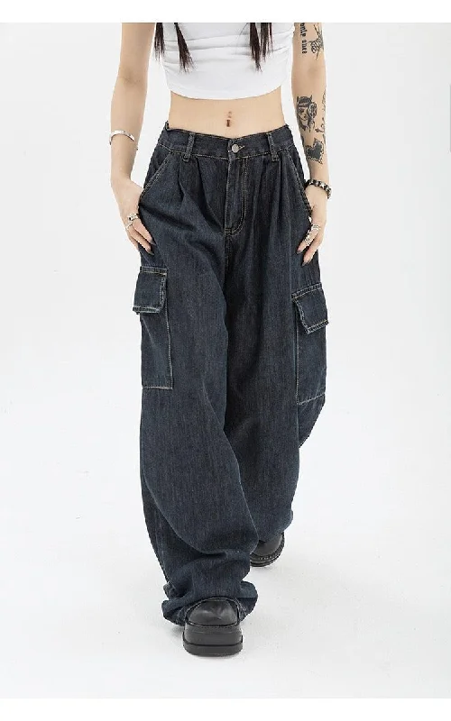 Acubi Dark Wash Cargo Jeans Fashionable Vintage Wash Jeans
