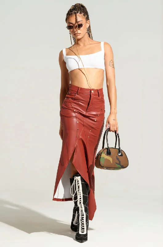 BITE ME ASYMMETRICAL FAUX LEATHER MIDI SKIRT IN BROWN belted skirt waist