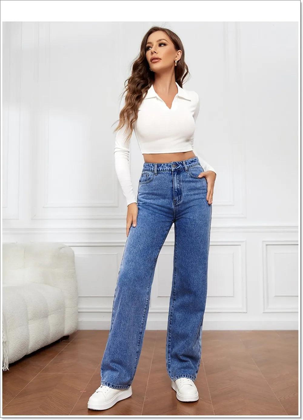 Blue Straight Leg Jeans Fashionable Cropped Denim Jeans