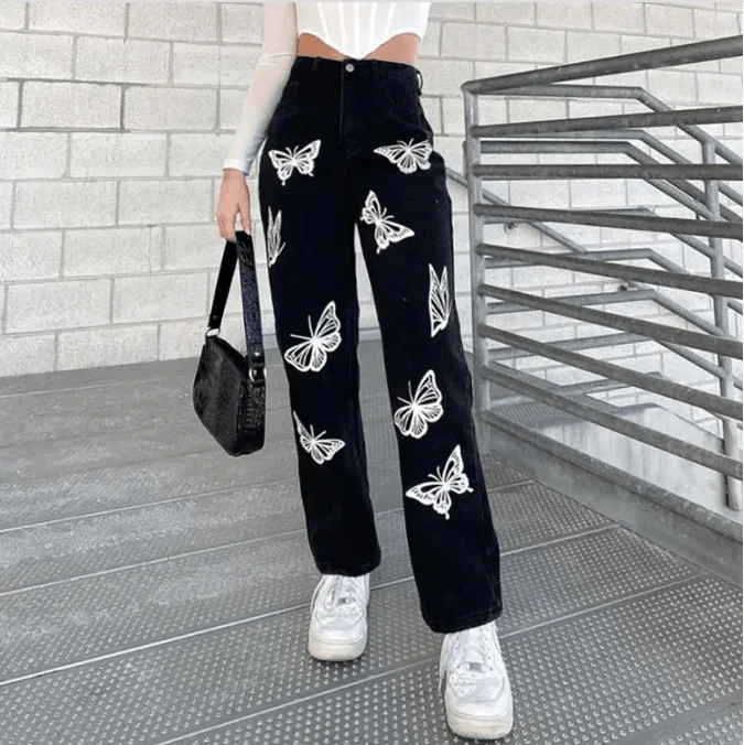 Butterfly Print Denim Jeans Comfortable Zip-Fly Denim Jeans