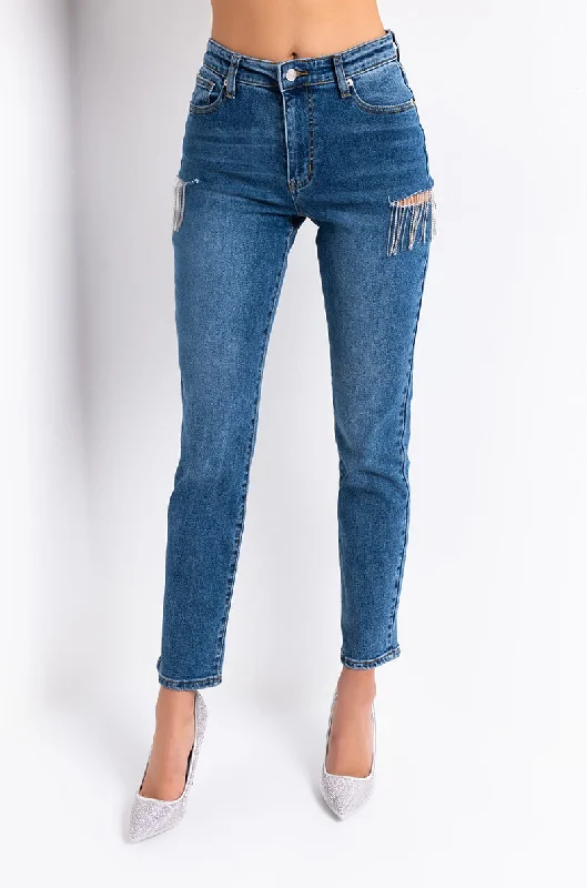CAMILA HIGH WAISTED RHINESTONE SLIT JEANS Trendy Layered Pocket Jeans