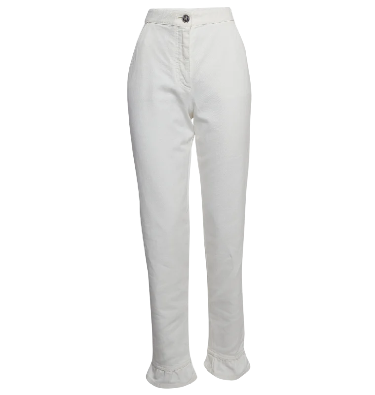 CHANEL White Denim Logo Button Ruffled Hem High Rise Jeans SZ36 UK 8 Trendy Wide-Legged High-Waist Jeans