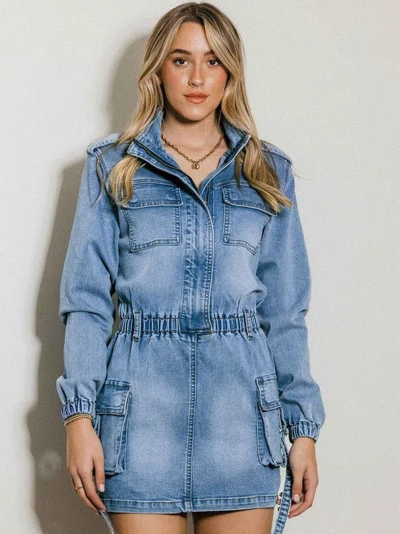 Denim is My Love Language Long Sleeve Denim Romper Skirt patchwork skirt art