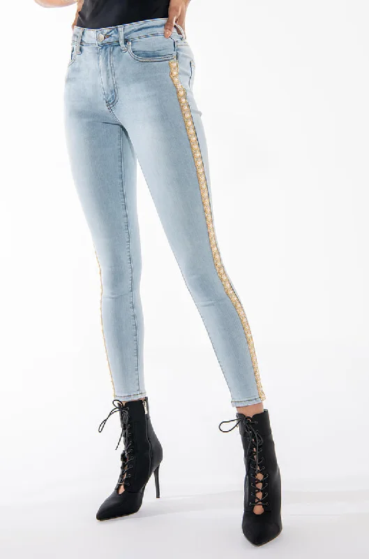 GOLDEN HOUR SKINNY JEANS WITH PEARLS Stylish Paperbag Waist Denim