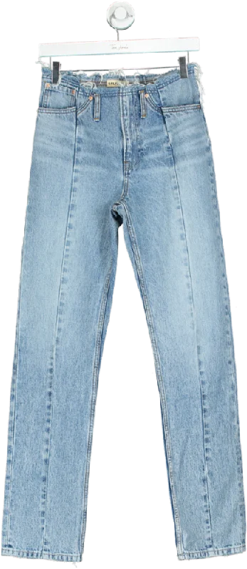 GRLFRND Blue Adriana Belted Frayed Waist Slim Straight Jeans W26 Elegant Raw Hem Jeans