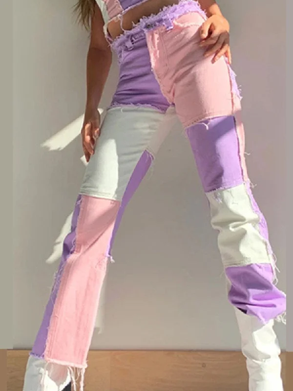 Amy Fashion - High Street Variegated Patchwork Jeans Stylish High-Waisted Denim