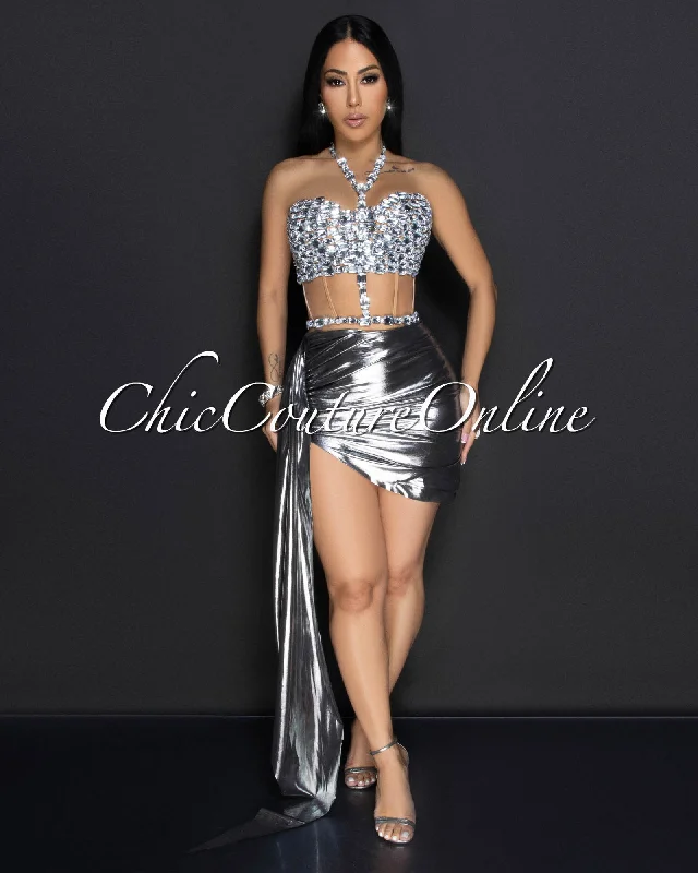 Kaeli Silver Rhinestones Bustier & Draped Skirt Set pencil skirt chic