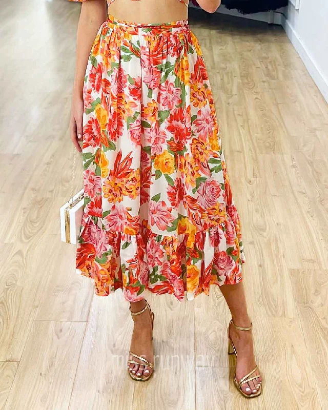 Maeve Midi Skirt - Orange Floral velvet skirt glossy