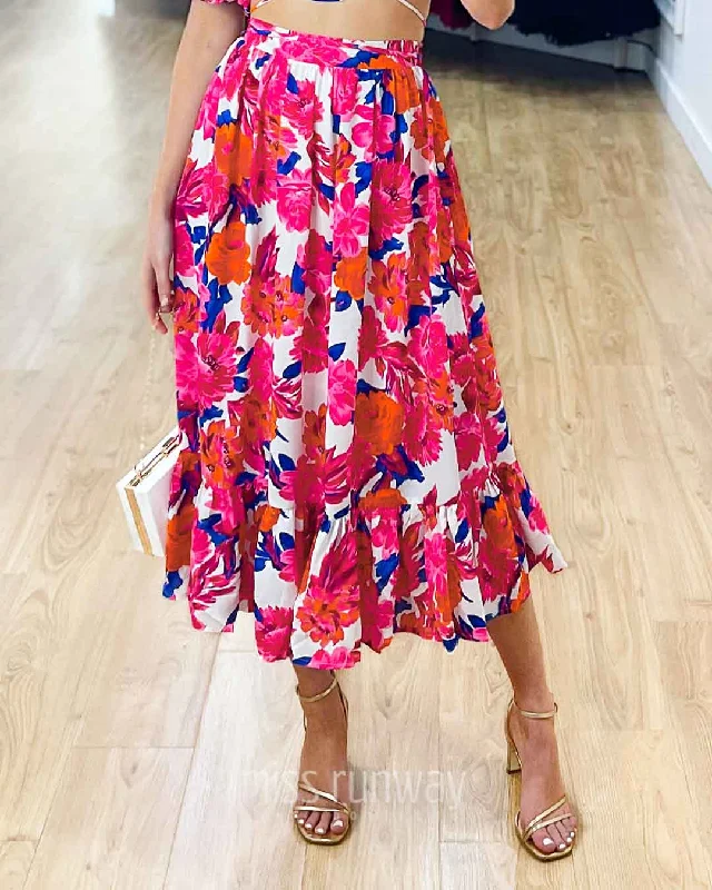 Maeve Midi Skirt - Pink Floral corduroy skirt textured