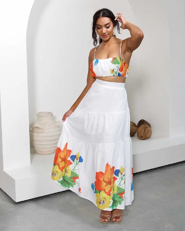 Medina Maxi Skirt - White Floral cashmere skirt plush