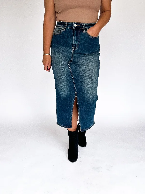 Flirty Midi Mica Denim Skirt lace skirt delicate