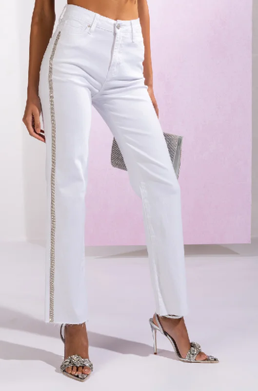 MOONWALKER RHINESTONE HIGH RISE SIDE SLIT STRAIGHT LEG JEANS Chic Vintage-Inspired Denim Jeans