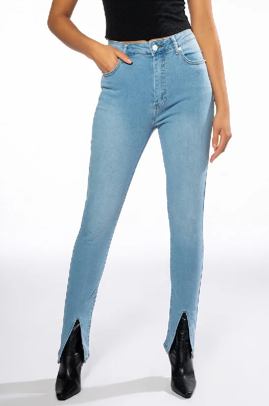 NIGHTFALL MID RISE SKINNY JEANS WITH FRONT SLIT Casual Distressed Denim Jeans