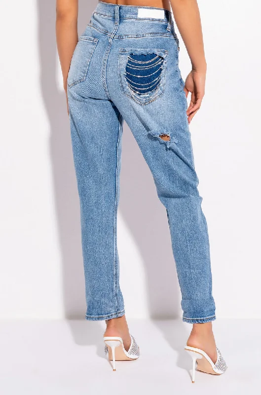PARADISE MOM JEANS WITH RHINESTONE BACK POCKET Comfortable Jogger Style Jeans