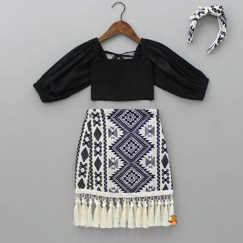 Pre Order: Smocked Back Stylish Sleeves Black Top And Fringes Skirt With Knot Detail Hair Band wrap skirt elegant