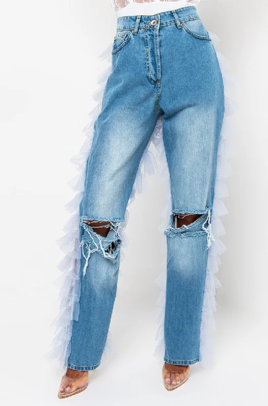 PRETTY LADY DENIM JEANS WITH BACK RUFFLE TULLE TRIM LIGHT BLUE Fashionable Button-Front Jeans PRETTY LADY DENIM JEANS WITH BACK RUFFLE TULLE TRIM LIGHT BLUE Fashionable Button-Front Jeans