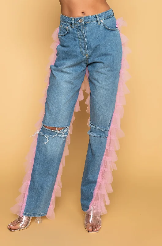 PRETTY LADY DENIM JEANS WITH BACK RUFFLE TULLE TRIM LIGHT PINK Comfortable Folded Hem Jeans PRETTY LADY DENIM JEANS WITH BACK RUFFLE TULLE TRIM LIGHT PINK Comfortable Folded Hem Jeans