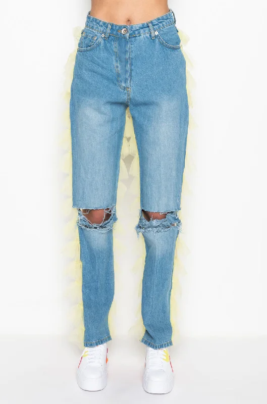 PRETTY LADY DENIM JEANS WITH BACK RUFFLE TULLE TRIM LIME Stylish Relaxed Fit Skinny Jeans PRETTY LADY DENIM JEANS WITH BACK RUFFLE TULLE TRIM LIME Stylish Relaxed Fit Skinny Jeans