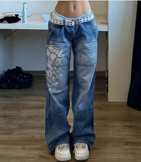 Printed Straight Leg Denim Jeans Stylish Stone-Wash Denim Jeans