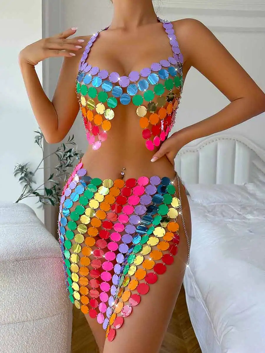 Rainbow Sequin Bra + Side Slit Rainbow Sequin Skirt elastic waist skirt