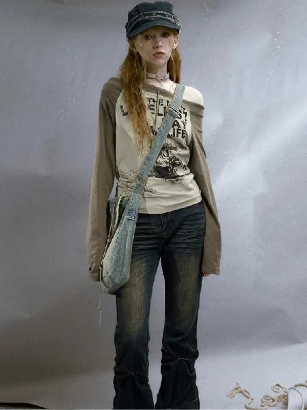 Pleated Vintage Washed Jeans【s0000003267】 Comfortable Full-Length Denim Jeans