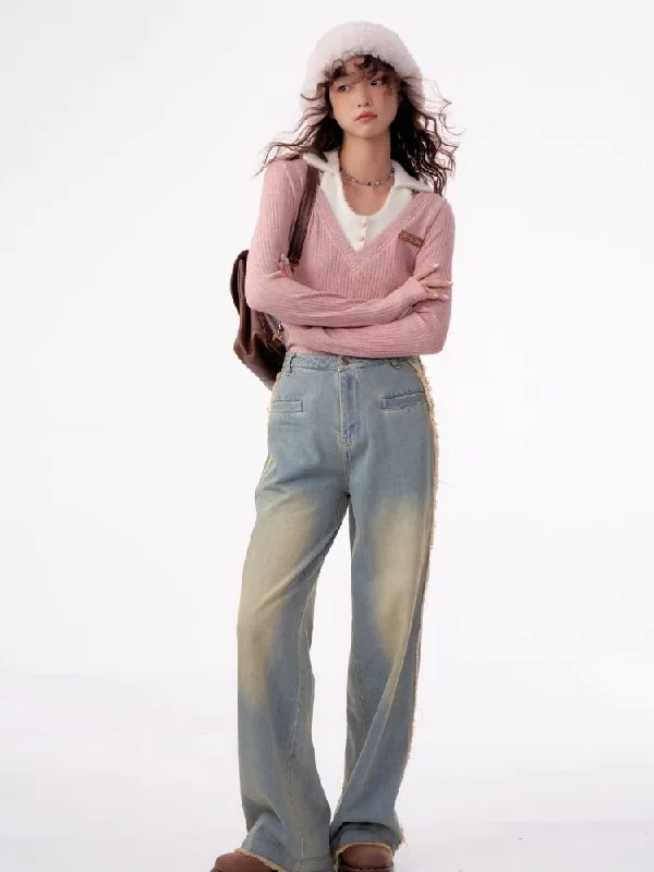 High waist loose slim jeans【s0000003809】 Trendy Wide-Legged High-Waist Jeans