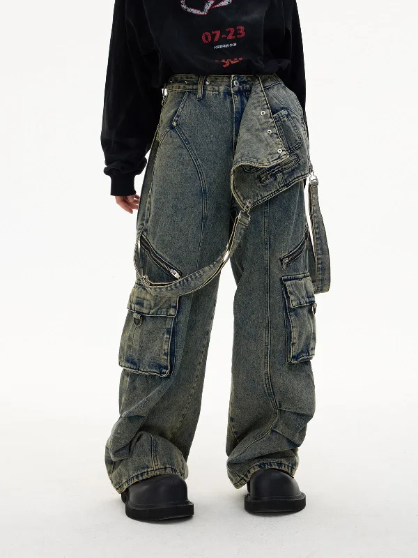 Detachable Suspender Washed Multi-pocket Cargo Jeans【s0000004185】 Casual Wide-Legged Denim Jeans