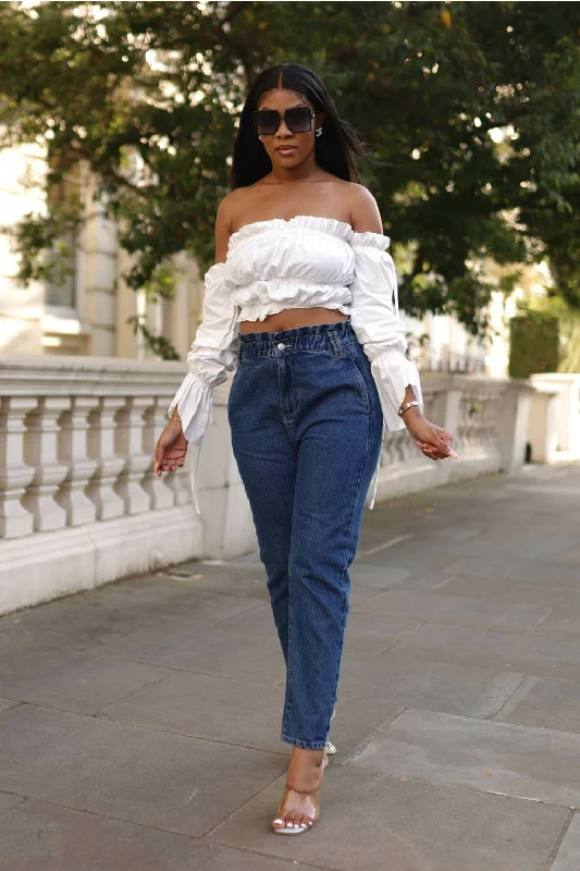SETSOFRAN London High Waist Shape Paperbag Jeans Medium Wash Fashionable White Denim Jeans