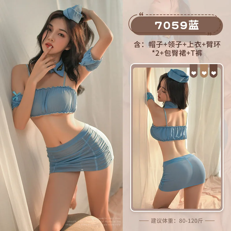 Sexy Hip Skirts Stewardess Uniforms in Blue linen skirt natural
