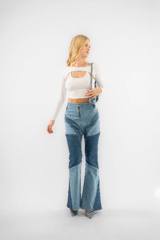 Silkroad Daughters Denim Contrast Patch Fit And Flare Jeans Trendy Patchwork Denim Jeans
