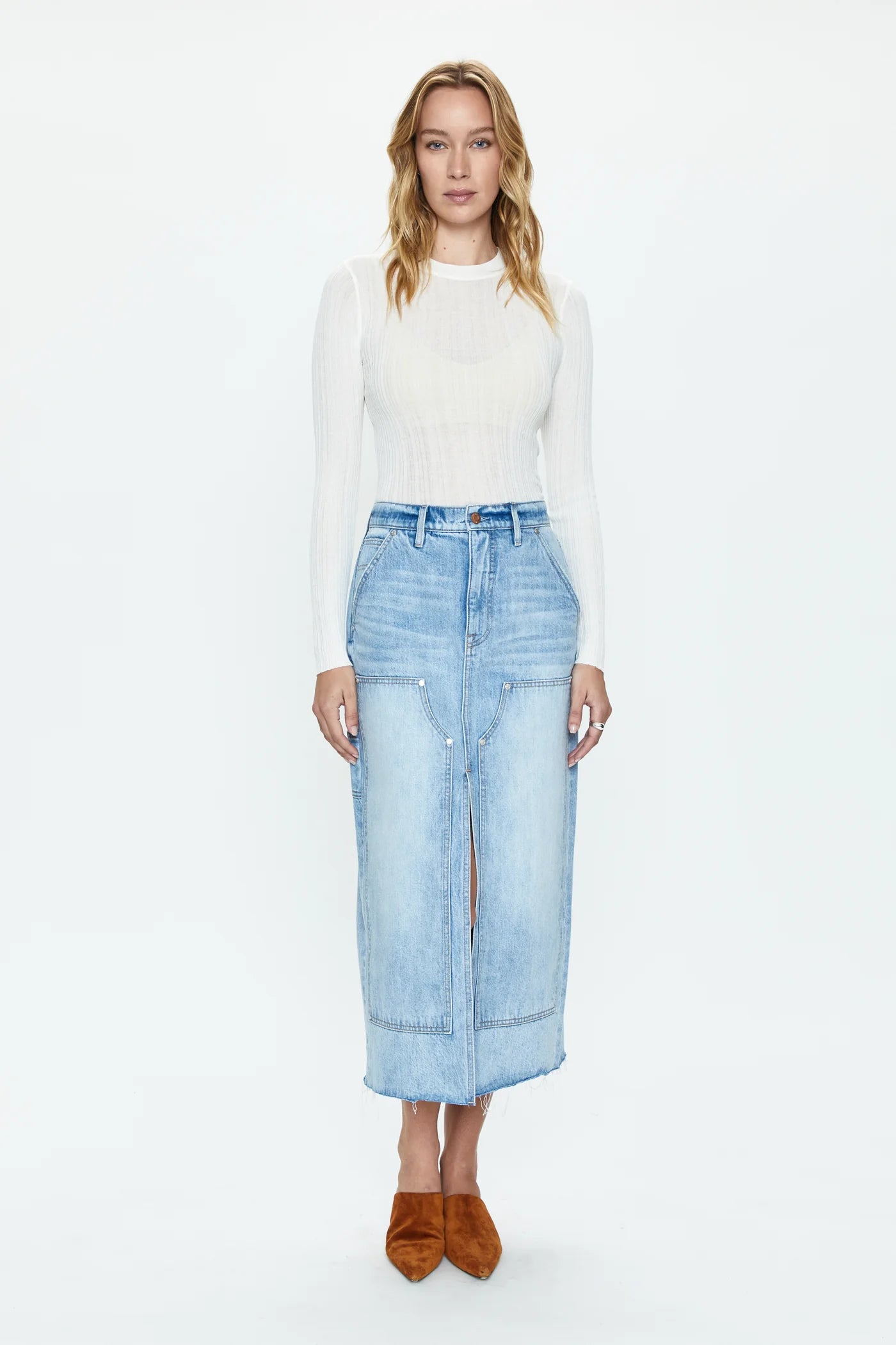 PISTOLA ALICE WORKWEAR HIGH RISE MIDI SKIRT - COASTAL silk skirt sleek