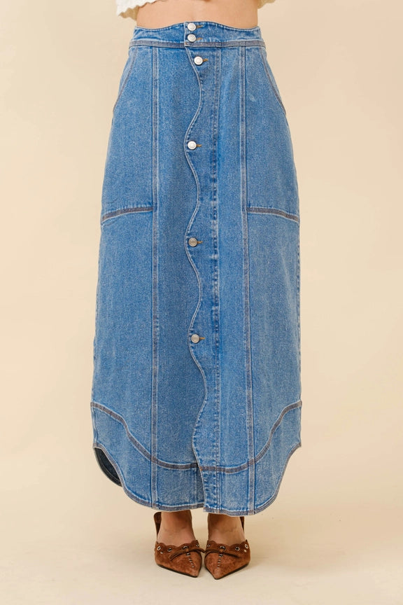 BLUE B Wavy Placket Denim Maxi Skirt breathable skirt fabric