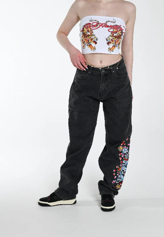 Womens Skull-Flower-Baggy Jeans - Black Cozy Stretch High-Waist Jeans