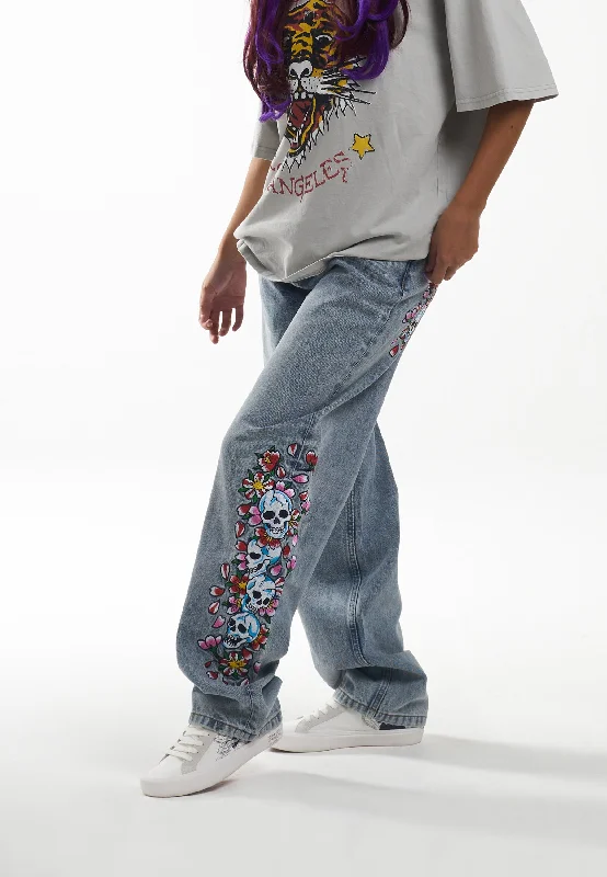 Womens Skull-Flower-Baggy Jeans - Bleach Fashionable Button-Front Jeans
