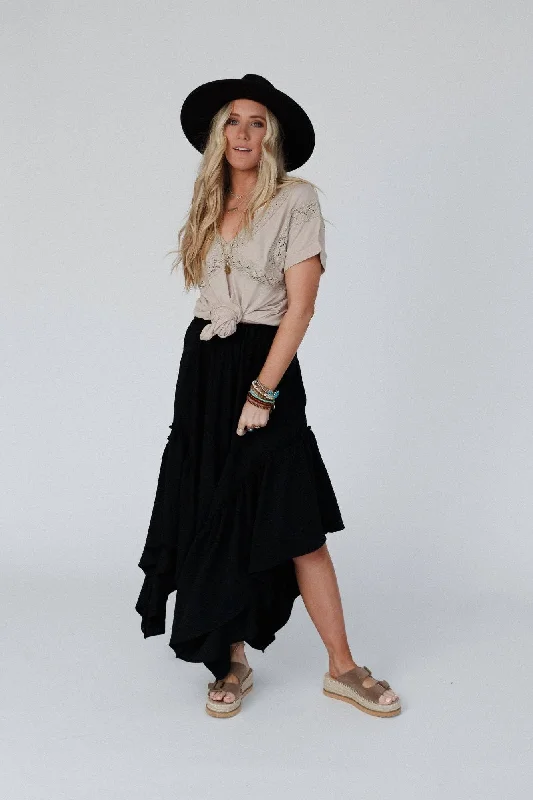 Swing Of Things Pocketed Midi Skirt - Black floral skirt print